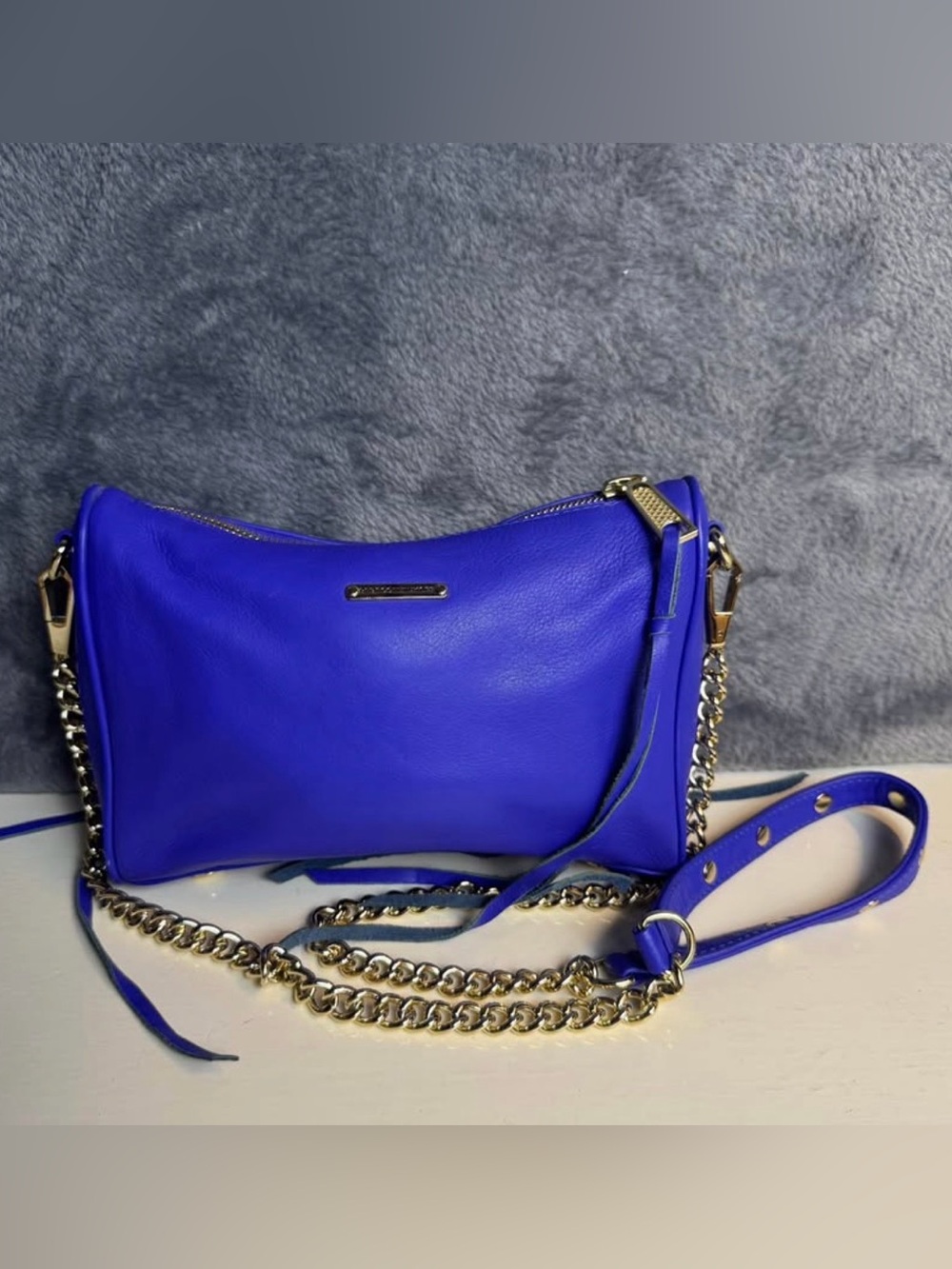 Rebecca Minkoff Vibrant Blue Leather Crossbody Handbag Purse with Silver Chain